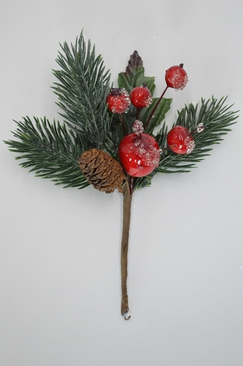 Y815 - Pine Cone & Holly Leaf Christmas Pick. Measures - 13cm Height x 12cm Width.