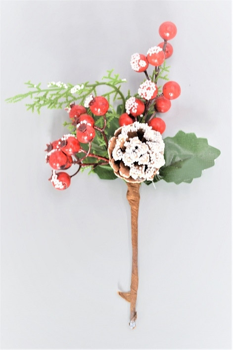 22043 - Dotted Snow Berries & Pine Cones Christmas Pick. Measures - 25cm Height x 11cm Width.
