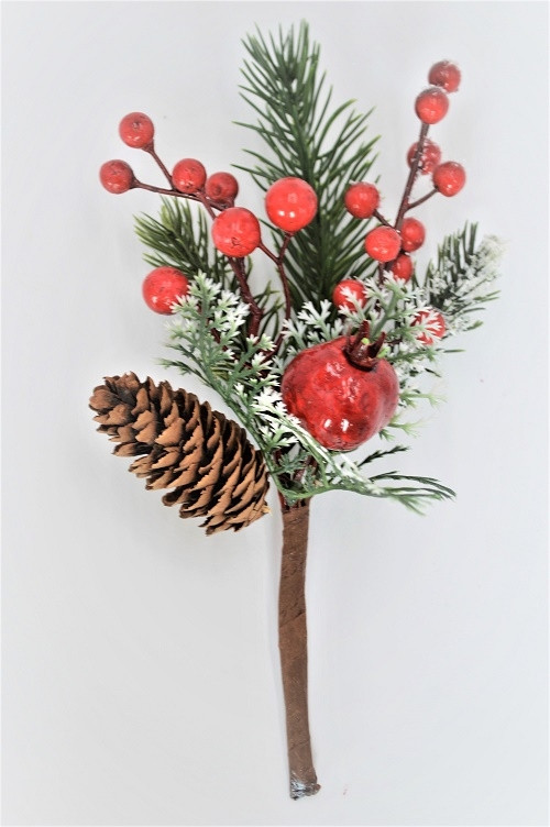 22057 - Traditional Pine cone and berries with a hint of snow - festive floral pick.  Measures  Height 210mm  ,   Width  120mm 
