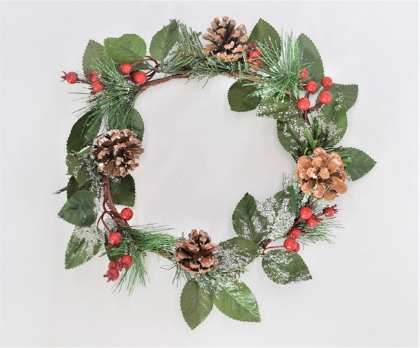22059 - Festive Christmas Wreath with bright red berries, snow dusted leaves and pine cones.   Measures  300mm diameter