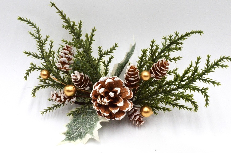 22092 -  A wintery collection of branches , snow covered pine cones and golden baubles.  Height 140mm  ,   Width  220mm   (Approx)