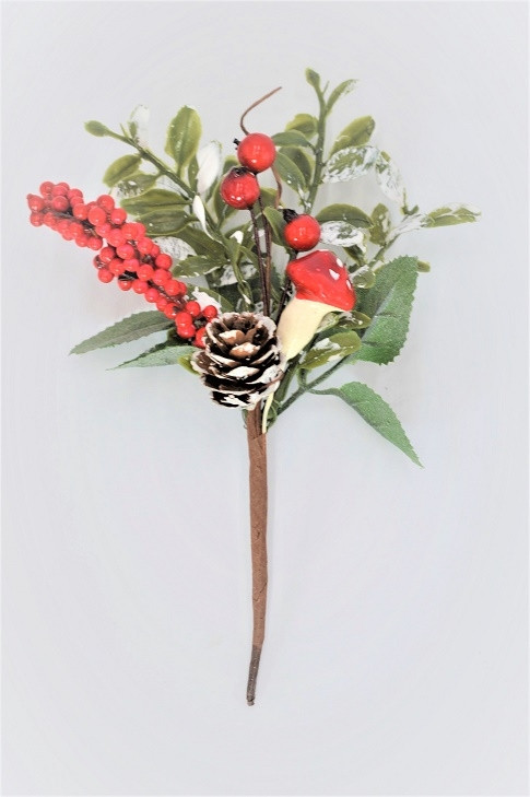 22095 - A lovely arrangement of frosted leaves, bright red berries and toadstools and pine cones deco pick.  Size :  Height 150mm  x  Width  100mm