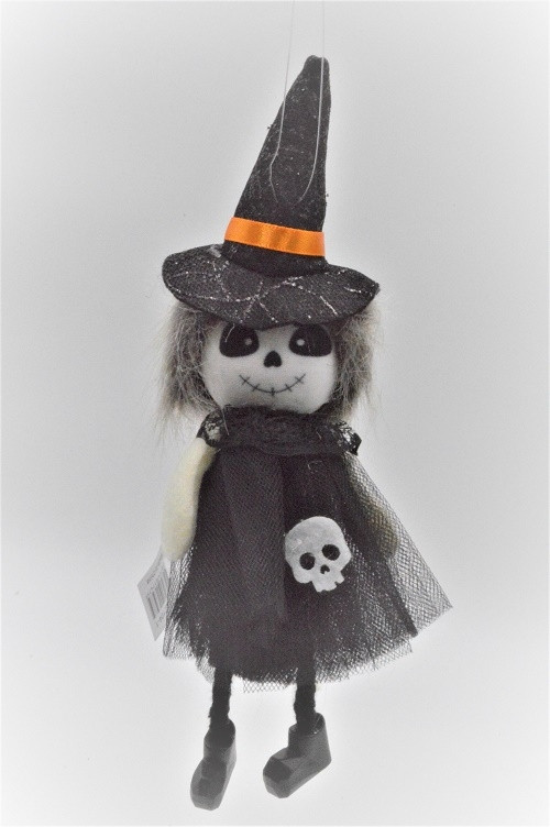 Y819 - Small Halloween Witch hanging decoration with a Black sheer mesh shawl.   Height 21cms , Width  10cms  (Approx) 