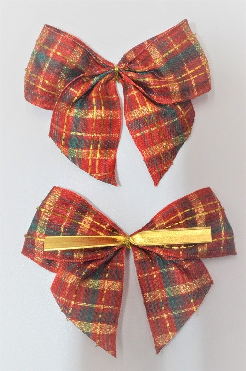 31177 - 40mm Hand tied Red , Green and Gold check wired edge ribbon bow with a gold twist tie  (2 pieces in a pack)