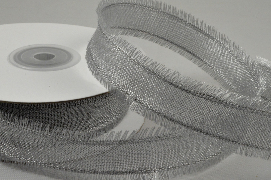 Y616 - 25mm Wired Silver Ribbon with Fringed Edges x 10 Metre Rolls! 