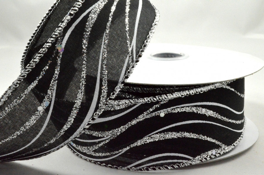 Y526 - 63mm Black Wired Lurex Wavey Ribbon x 10 Metre Rolls