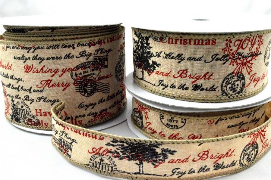 46037 - 25mm, 38mm & 63mm Wired Burlap Merry Christmas Postal Ribbon x 10 Metre Rolls!