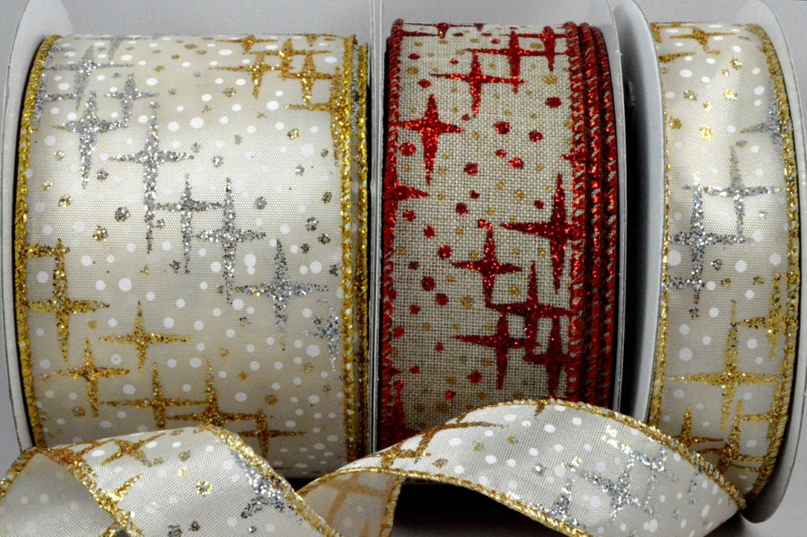 46040 - 25mm, 38mm & 63mm Wired Glitter Star Printed Ribbon x 10 Metre Rolls!