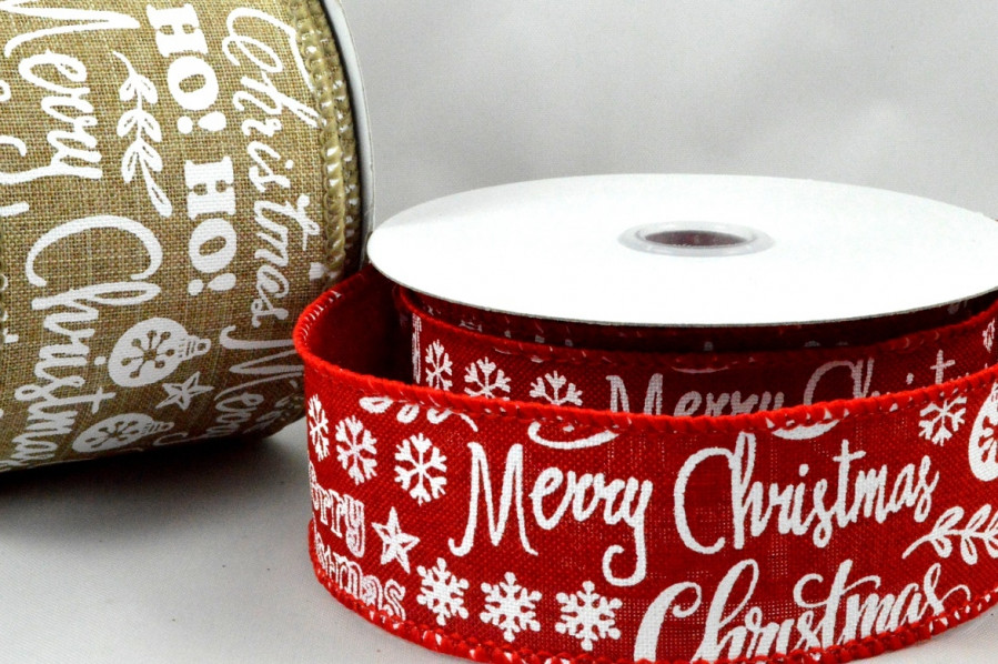 46043 - 38mm & 63mm Merry Christmas & Snowflakes Burlap Ribbon x 10 Metre Rolls!