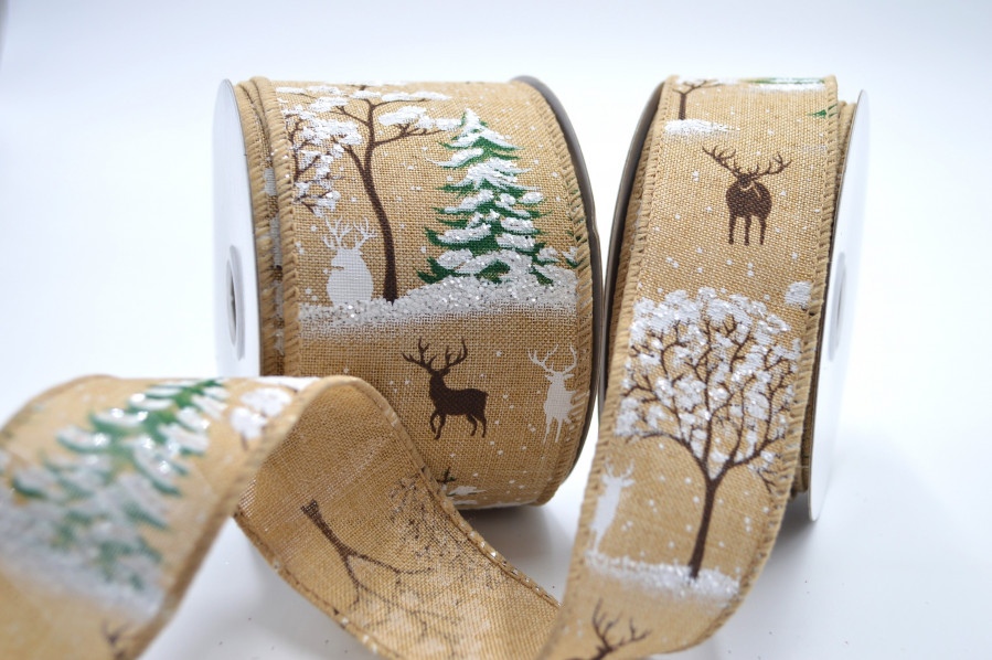 46051 - 38mm & 63mm Wired Natural Snowflake & Reindeer Ribbon x 10 Metre Rolls!