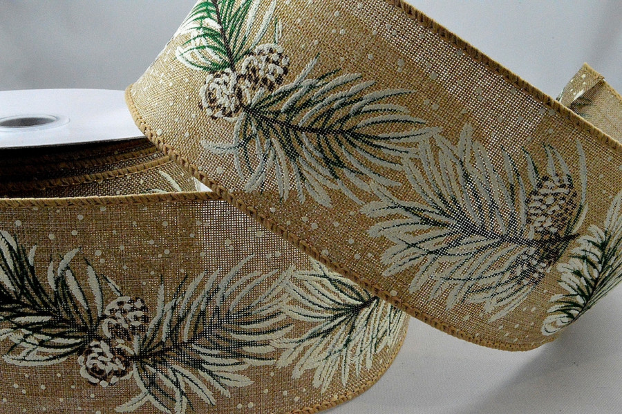 46052 - 63mm Wired Natural Snow Pine Covered Ribbon x 10 Metre Rolls!