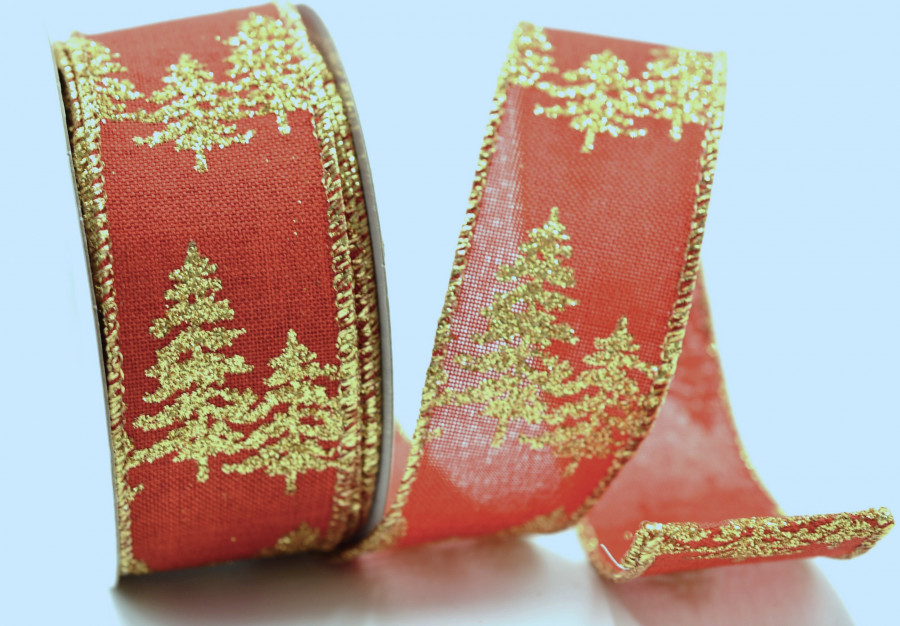 46062 - 38mm Red Bright and Gold Sparkly Lurex wired edge ribbon with a Christmas tree wintery design x 10mts