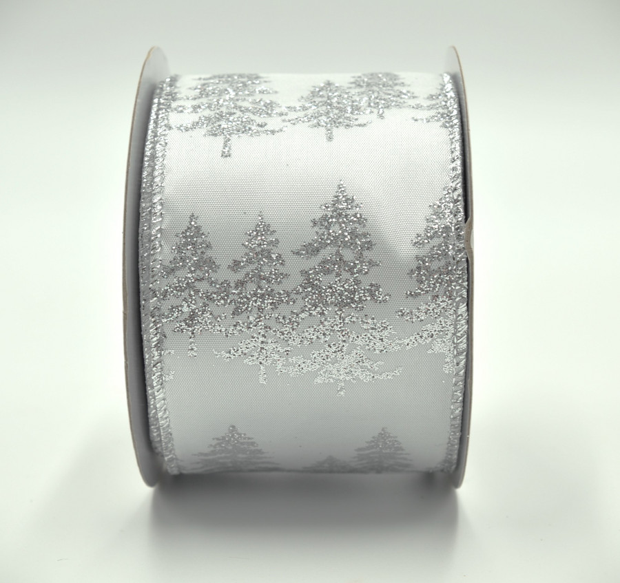 46062 - 63mm White Bright and Silver Sparkly Lurex wired edge ribbon with a Christmas tree wintery design x 10mts