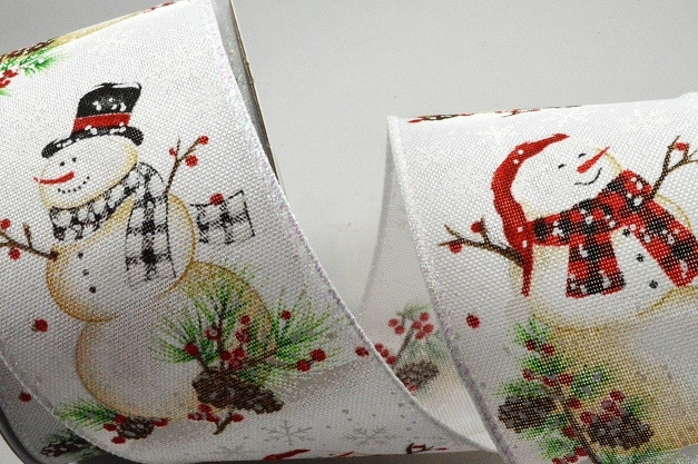 46072 - 63mm Wired woven edge Traditional printed Snowman Christmas design x 10mts!