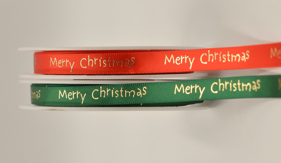 54113 - 10mm Merry Christmas Satin Print (20 Metres) (Red and Green available)