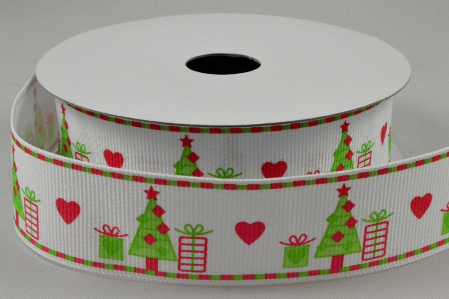 Y664 - 25mm White & Green Christmas Grosgrain Ribbon x 10 Metre Rolls!-Green