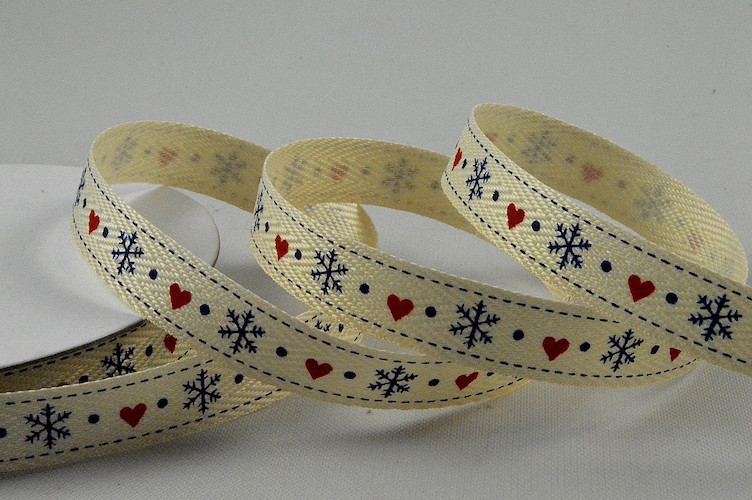 55103 - 10mm Herringbone Heart & Snowflake Christmas Ribbon x 10 Metre Rolls!