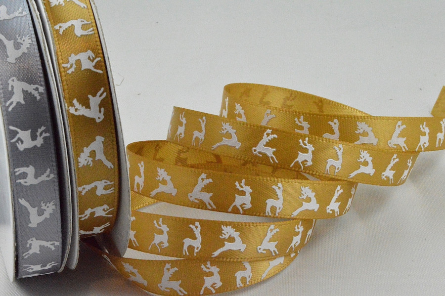 55109 - 10mm Reindeer Printed Christmas Satin Ribbon x 10 Metre Rolls!