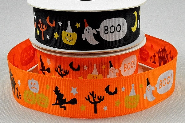 55116 - 22mm Halloween Ghost Boo Pumpkin Printed Grosgrain Ribbon x 10 Metre Rolls!! 