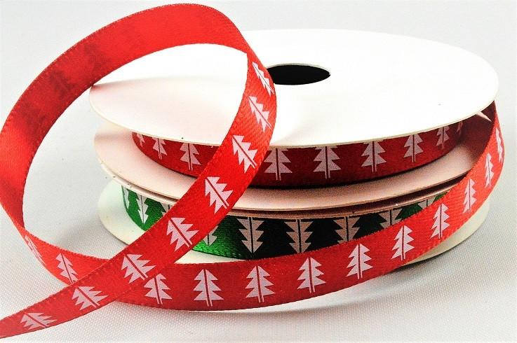 55124 - 10mm satin ribbon printed with a white Christmas Tree design x 10mts