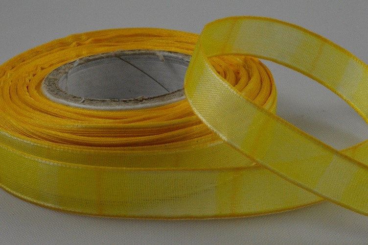 Y455- 15mm Bright Yellow patterned print ribbon with lovely woven edge x 25 Metre Rolls!