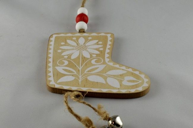 Y794- Wooden Multi Coloured Santa Boot with Loop (1 Piece)-9cm x 7.5cm-54 Beige & White-1 Piece