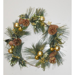 22004 - Gold Christmas Garlands with Pine Cones, Holly & Baubles. Length Apx 1m