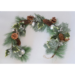 22049 - Silver Snow Christmas Pine Cones, Chestnuts & Baubles Garland. Length Apx 1m