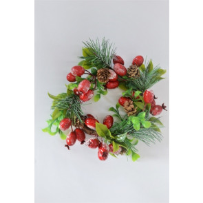 22078 - Wintery wreath. Vibrant green leaves, pine needles and cones with bright red berries floral display.  Size   Approx 230mm Diameter
