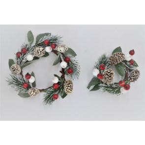 22087 - Christmas candle decoration.  Frosted pine cones and pine needles with bright red and snowy berries.  2 different sizes available