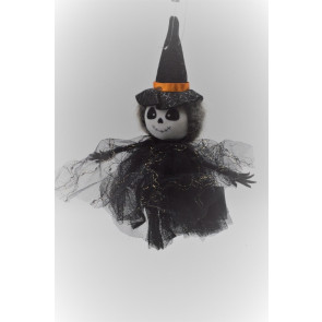 Y818 - Small Halloween Witch hanging decoration with a  pointed hat and a Black sheer gold detailed shawl. Height 19cms , Width  15cms  (Approx) 