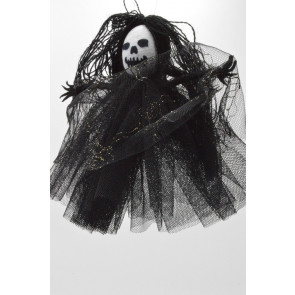 22103 - Small Halloween Witch hanging decoration with a long straggly hair and a black sheer shawl.  Height 13cms , Width  14cms  (Approx) 