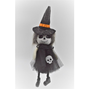 Y819 - Small Halloween Witch hanging decoration with a Black sheer mesh shawl.   Height 21cms , Width  10cms  (Approx) 
