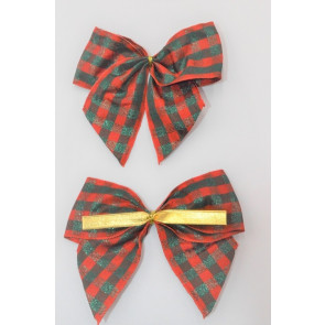 31178 - 40mm Hand tied Red and Green check wired edge ribbon bow with a gold twist tie  (2 pieces in a pack)