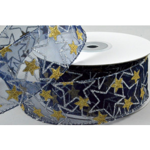 Y671 - 38mm Wired Sheer Glitter Star Ribbon x 10 Metre Rolls!-75 Blue