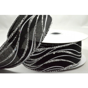 Y526 - 63mm Black Wired Lurex Wavey Ribbon x 10 Metre Rolls
