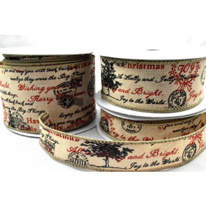 46037 - 25mm, 38mm & 63mm Wired Burlap Merry Christmas Postal Ribbon x 10 Metre Rolls!
