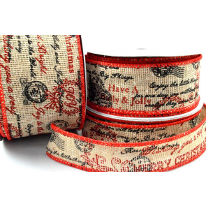 46038 - 25mm, 38mm & 63mm Wired Merry Christmas Scroll Burlap Ribbon x 10 Metre Rolls!