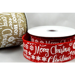 46043 - 38mm & 63mm Merry Christmas & Snowflakes Burlap Ribbon x 10 Metre Rolls!