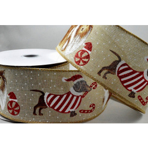 46050 - 63mm Wired Christmas Dog Ribbon x 10 Metre Rolls!