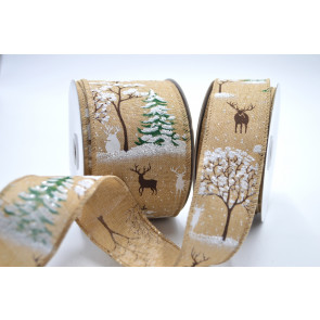 46051 - 38mm & 63mm Wired Natural Snowflake & Reindeer Ribbon x 10 Metre Rolls!