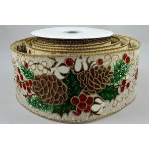 46053 - 63mm Jute Ivory ribbon with a wired gold lurex edge and a Pine cone and Berry design for Christmas  x 10mts!