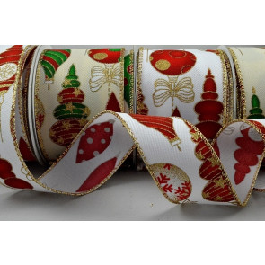 46056 - 38mm & 63mm Wired edge Christmas design ribbon with Gold sparkly baubles  x 10mts