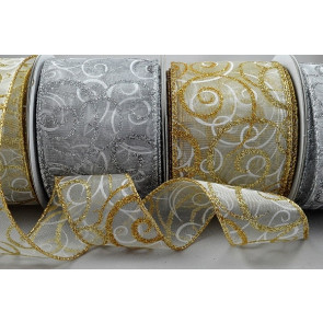 46059 - 38mm & 63mm Wired Lurex edge Sheer ribbon with a Glittery and Sparkly Christmas Swirl Design x 10mts