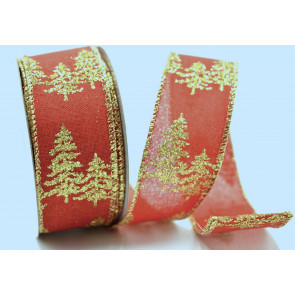 46062 - 38mm Red Bright and Gold Sparkly Lurex wired edge ribbon with a Christmas tree wintery design x 10mts