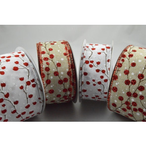 46063 - 38mm/63mm Wintery branches with glistening berries wired woven edge ribbon x 10mts