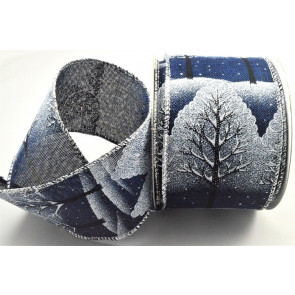 46073 - 63mm Wired woven edge Midnight Blue Wintery design with a detailed silver edge x 10mts!