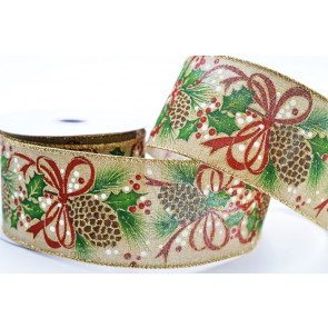 46082 - 63mm Wide woven gold wired edge Natural Holly , Pine cone and bow glittery Christmas ribbon x 10mts