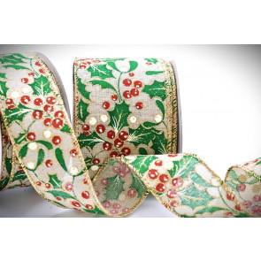 46085 - 38mm , 63mm Wide woven gold wired edge Natural with a glittery Christmas design ribbon x 10mts