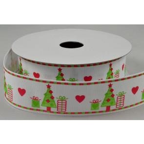 Y664 - 25mm White & Green Christmas Grosgrain Ribbon x 10 Metre Rolls!-Green